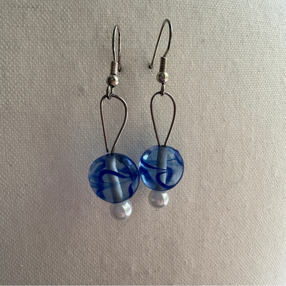 Homemade Blue and Silver Dangle Earrings